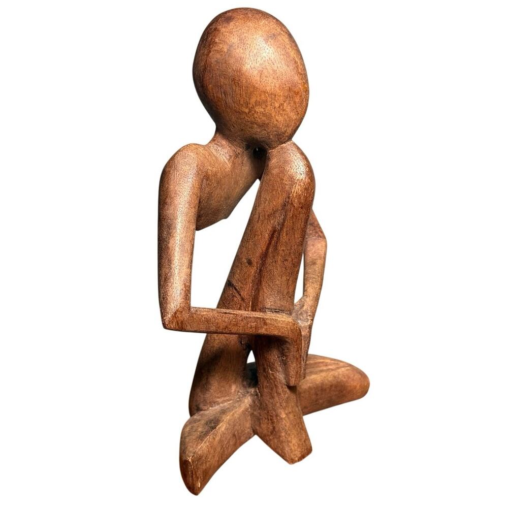 Vintage Hand Carved Wood Abstract Thinker Sculpture Modernist Seated Figurine